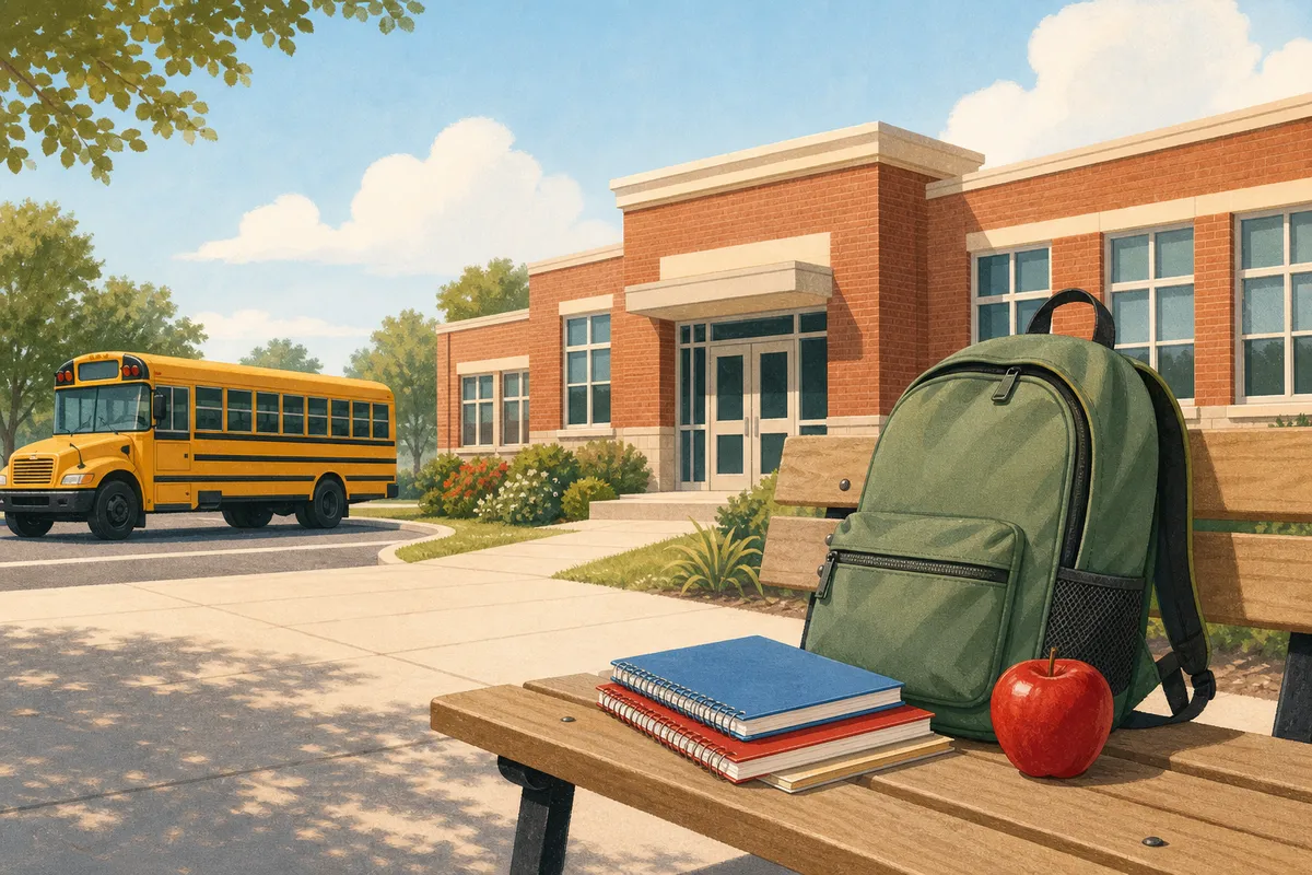Una mochila escolar con cuadernos y una manzana